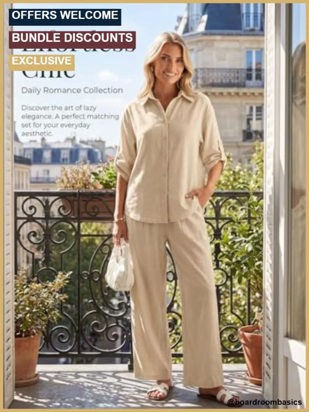 Women's 2 Piece Linen Button Up Shirt and Wide Leg Pant Set Lounge Business